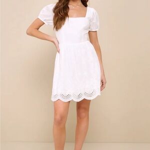 Lulus More Than Sweet White Eyelet Embroidered Puff Sleeve Mini Dress, Size XS